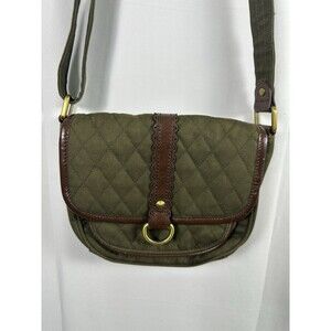 Vera Bradley Quilted Cross Body Bag Olive Green Scalloped Trim Cotton Earth Tone